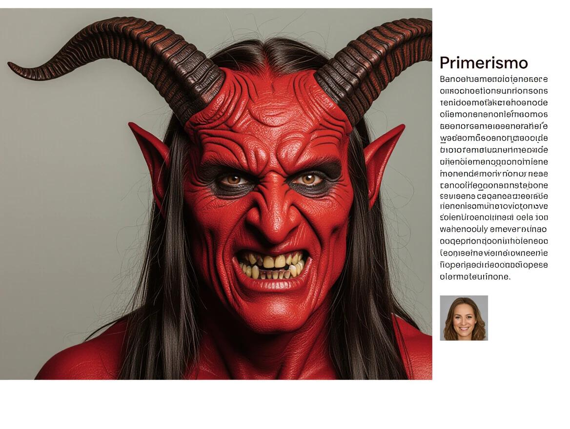 Close-up view of a demonic face featuring red skin and horns. Intricate details on facial expression and features are visible. The character exudes a menacing appearance, emphasizing the horror aesthetic.