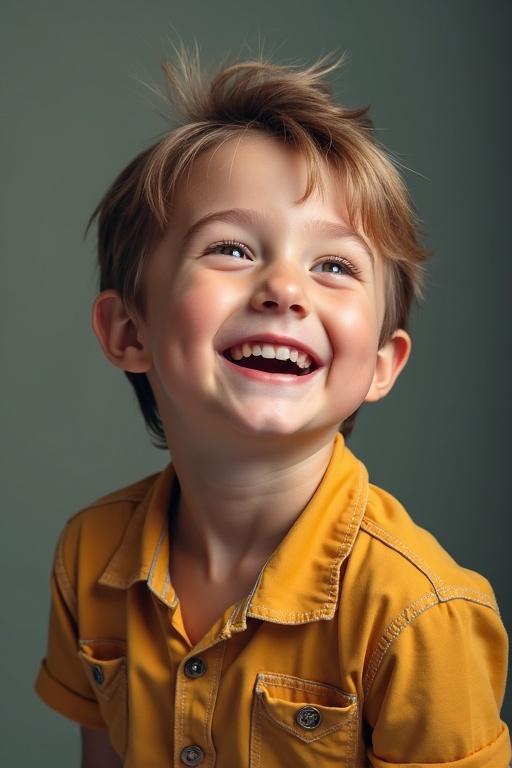 Photo of boy in yellow shirt. Boy shows joy and laughter. Capture the happiness and innocence of childhood. Use soft and natural lighting.