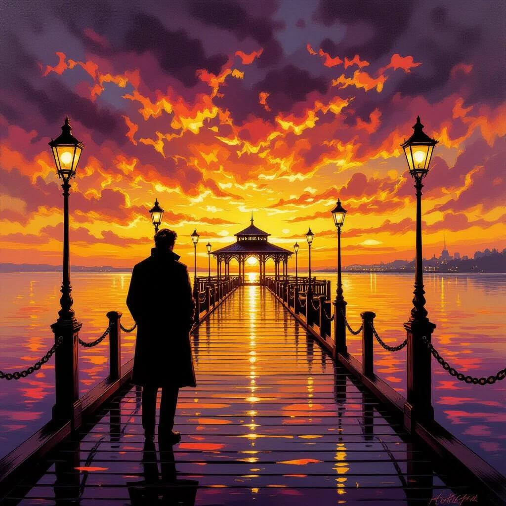 Dramatic oil painting of a solitary figure in a dark coat standing on a wooden pier at sunset. Man has dark hair in profile gazing toward horizon. Victorian-style pavilion at the end of the pier. Sky explodes with vibrant colors. Ornate street lamps line the boardwalk. Calm water mirrors the colorful sky. Wet wooden planks gleam with puddles. Seaside promenade with classical architecture in the distance. Cinematic lighting creating a romantic silhouette. Centered composition with leading lines drawing the eye.