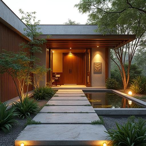 Front elevation sketch mockup of an eco-modern home showcasing tropical modern architecture with exposed stone and slatted wood. The facade features lime plaster and natural wood accents. Centered is a majestic neem tree enhancing the courtyard with golden light. A serene small fish pond adds tranquility. Delicate bamboo plants line the paths to the wooden door. The scene evokes a warm and peaceful twilight atmosphere.