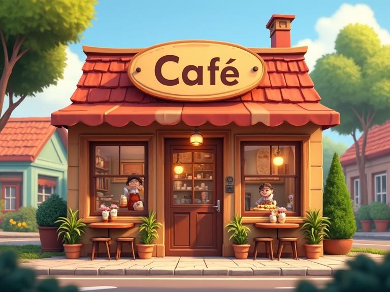 Front view of a cozy animated coffee shop. Big sign on roof says 'Café'. Large front windows show a barista inside. Small terrace with tables and chairs. Potted plants outside. Warm lighting creates inviting atmosphere. Peaceful neighborhood background.