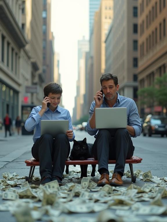 A realistic city street with tall buildings and parked cars. Scattered U.S. hundred-dollar bills rest on the ground. A boy's parents sit on a sled, focused on work. The mother in a business outfit and the father in formal wear each holds a smartphone while using laptops. The city scene has soft, natural lighting and sharp details without cinematic effects.