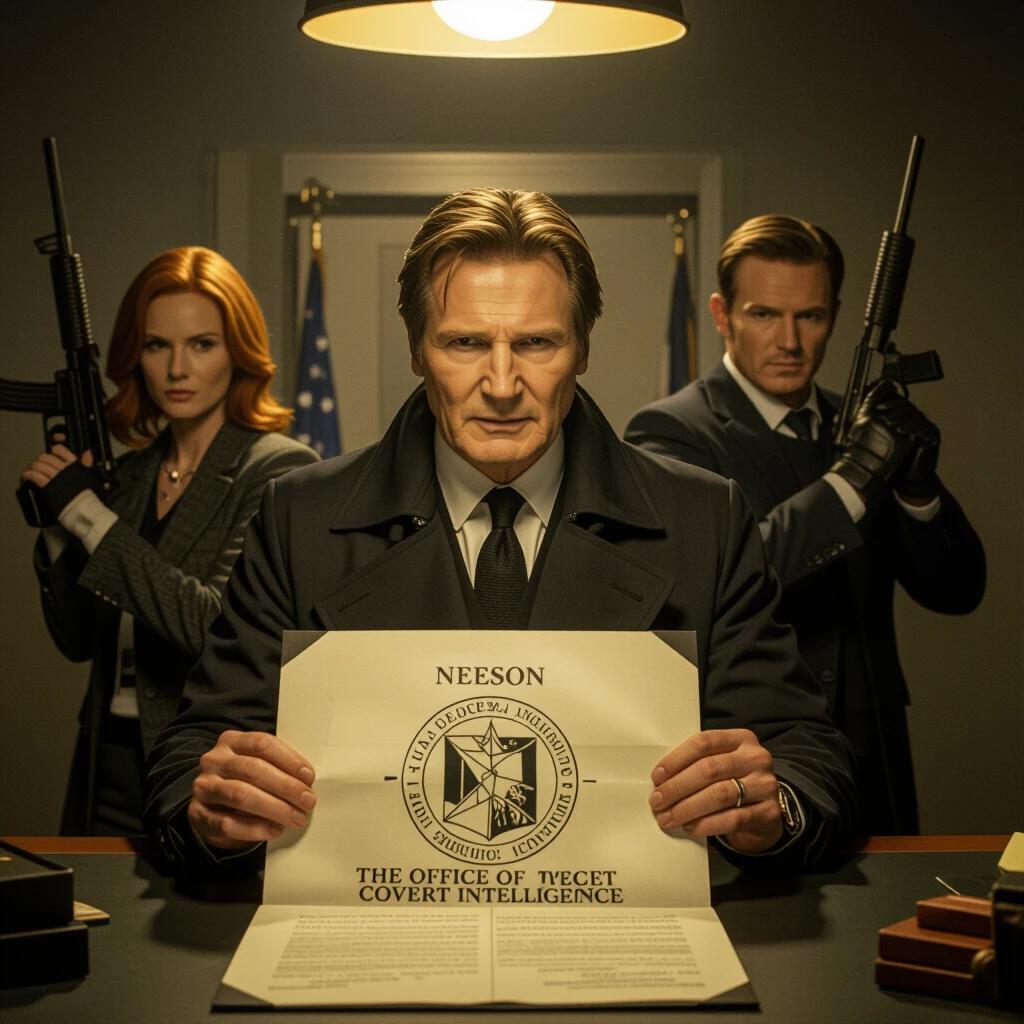 A betrayed intelligence officer uncovers a covert internal coup. Neeson holds a confidential dossier. Background features armed characters in a tense setting. The atmosphere is filled with paranoia and intrigue. The lighting is warm and dim, highlighting secrecy.