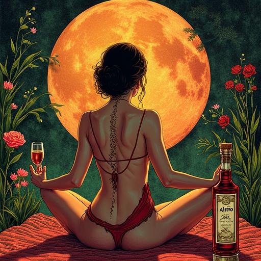Stylized advertisement featuring a 1920s speakeasy. A topless goddess enjoys meditation. Surrounded by wildflowers and herbs. Wearing a flowing silk dress. Toasting with a glass of herbal liqueur. Lush green plants in the background. Lower apothecary bottle in foreground.