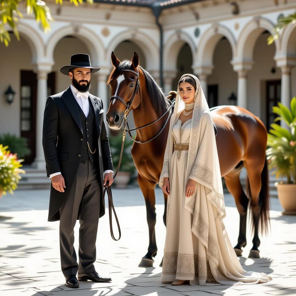 A Turkish gentleman stands in a sunlit courtyard wearing a tailored three-piece suit and a fedora. He holds a leash of an Arabian horse. Nearby, his wife is in traditional Ottoman attire with a matching yaşmak veil. She leans against a vintage 1920s Rolls-Royce, a playful white Angora cat at her feet. The courtyard features Iznik tilework and a marble fountain under warm light. Focus on textures and cultural accuracy.