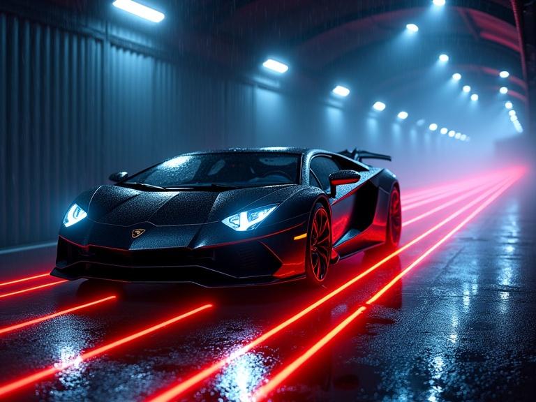 Futuristic black Lamborghini in a long tunnel at night. Deep blue and red-orange-yellow lighting effects create a moody atmosphere. Car has laser light wheel rims and leaves a long laser light trail. Strobe laser light beams come from front lights. Fog and rain effects enhance the scene.