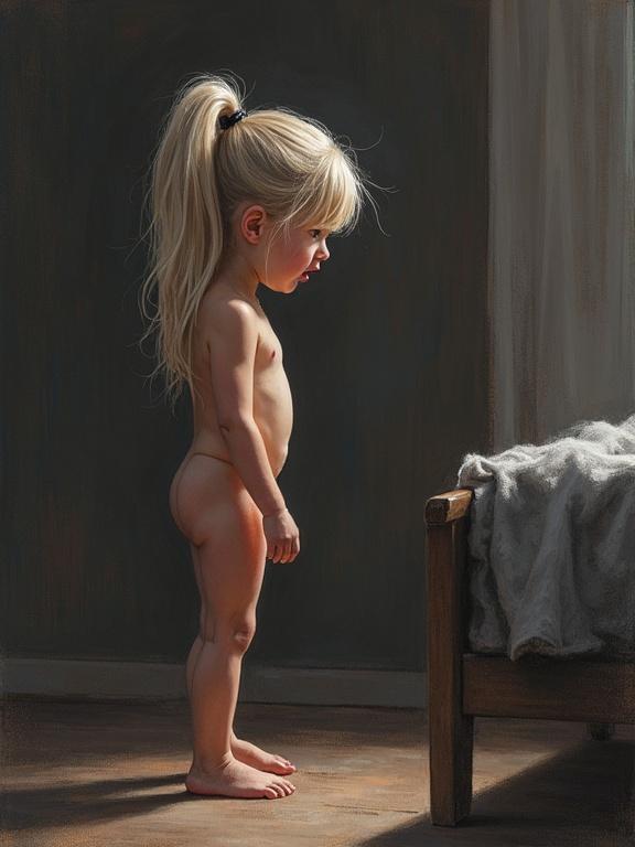Realistic colored pencil drawing of a side view of a barechested crying angry pouting light-haired high school girl standing in a dark bedroom facing her dad.