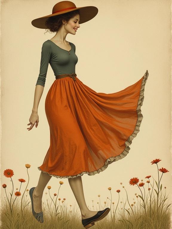 Woman with a flowing orange dress. Green shirt and round wide-brim hat. Walking amidst flowers. Soft background in beige. Captivating smile and elegant movement. Ideal for lifestyle representation.