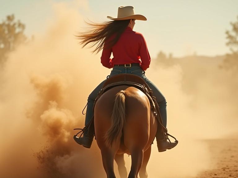 Dynamic image shows a female rider on a chestnut horse seen from behind. Dust erupts from the ground creating an action-filled scene. Rider wears a wide-brimmed hat and a red long-sleeve shirt. Long hair flows with the movement. Emphasis on motion and adventure.