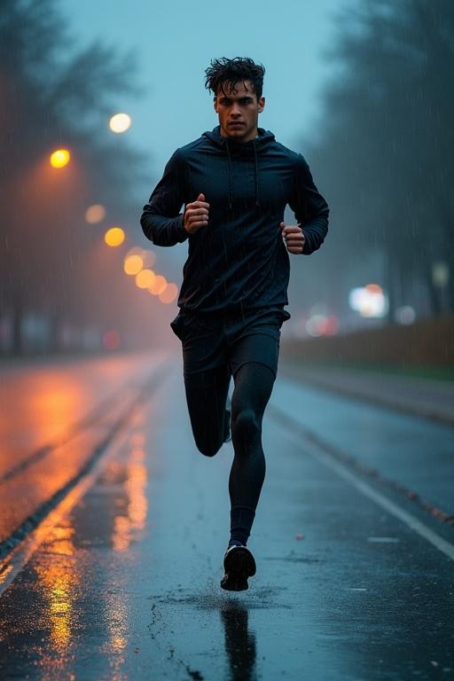 Athletic young man running alone on an empty track in rain. Dark sportswear soaked. Water drops on face. City lights out of focus create color flashes. Wet pavement reflects silhouette. Steam from breath visible in cold. Heavy footsteps sound. Cinematic clarity highlights perseverance and strength.