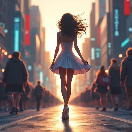 Young girl walks through a crowded city wearing a miniskirt and high heels. Dress rises in the wind. City atmosphere with people around.