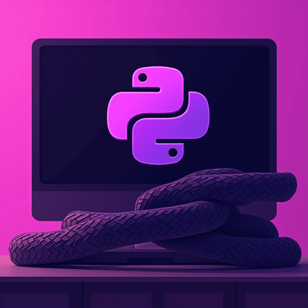 A stylized image of a computer monitor displaying the Python logo, with a coiled snake in front, set against a vivid purple backdrop.