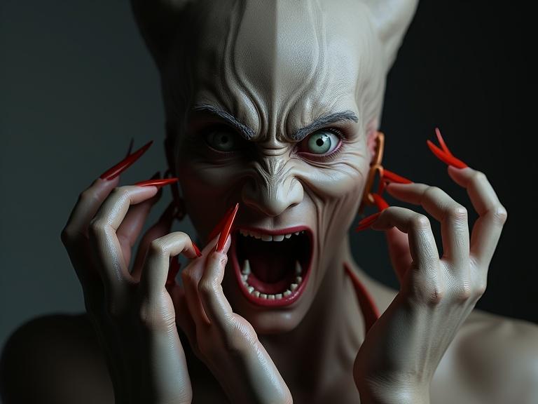 3D model with exaggerated features and claws. Photorealistic dramatic lighting enhances emotional expression. Close-up focus on face and hands. Grotesque elements featured. Art inspired by Greg Rutkowski and Hajime Sorayama.