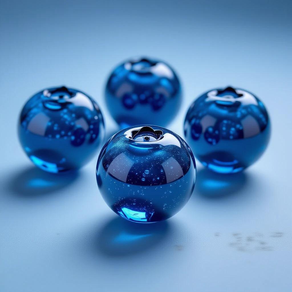 Minimalist still life featuring glass marbles that resemble blueberries. Each marble is transparent with subtle blue tints and tiny bubbles. The focus is on the cold smooth texture of the glass contrasting with the idea of soft fruit.