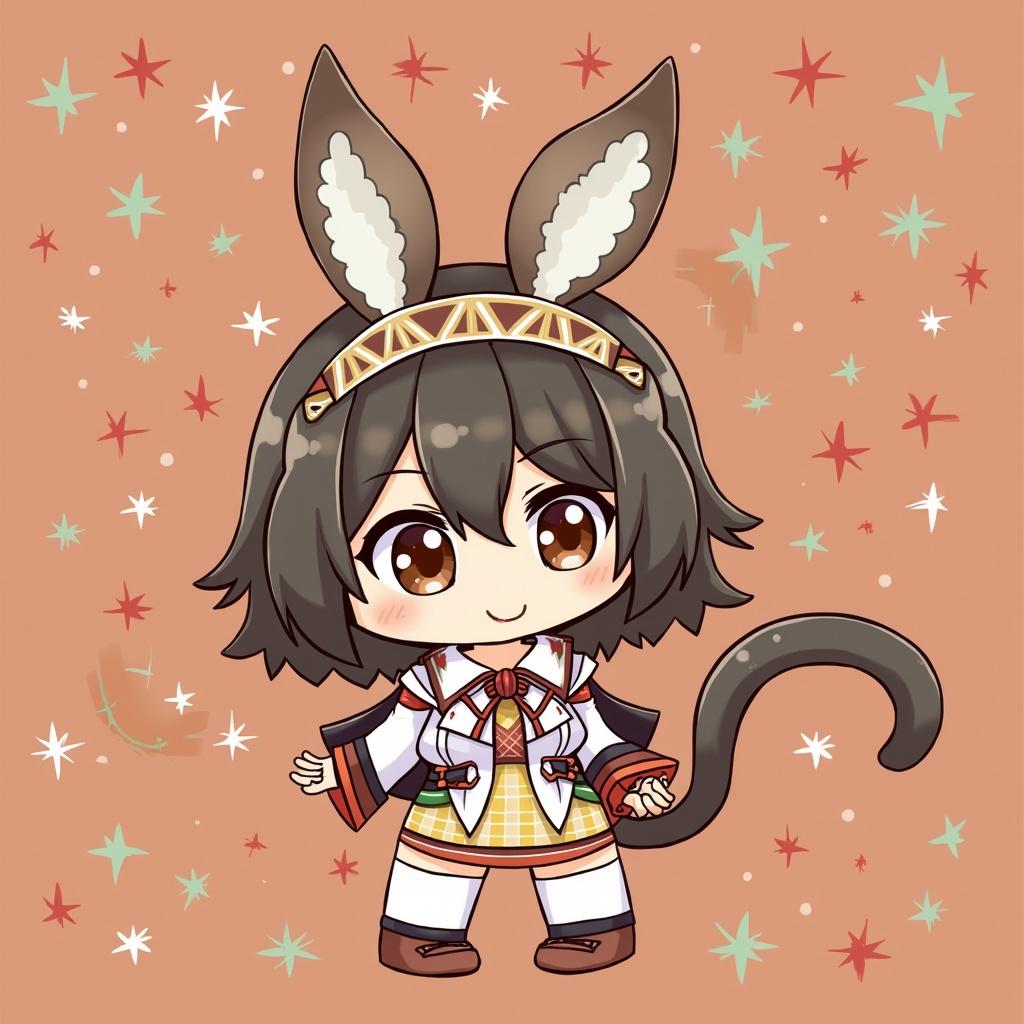 Chibi character with bunny ears and a tail. Character is happy and has brown hair. Dressed in a colorful outfit with an intricate design. Background has stars and a peach color.