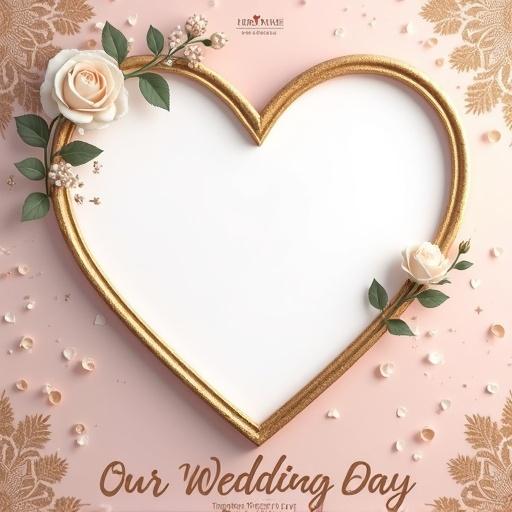 Heart-shaped photo collage with flower petal and triangular frames. White roses and gold vines decorate the frames. Text labels 'Her Smile', 'His Promise', and 'Together Forever' are nearby. Empty photo placeholders visible. Pastel background with lace patterns. Title 'Our Wedding Day' in a romantic handwritten style. Soft and elegant design.