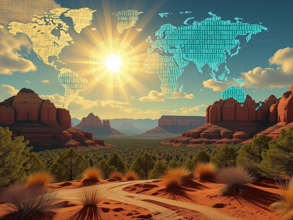 Digital artwork merges ancient map elements and modern technology. Features glowing sun over Sedona-like landscape. Showcases textures of wood, sand, jute fibers. Evokes mystical and cyber-ancient themes.