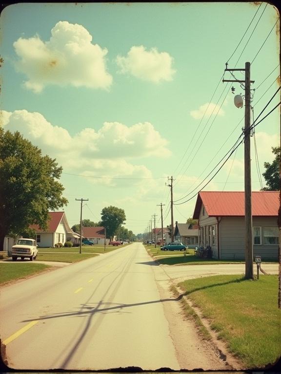 Visual depiction of a small midwest rural town in the 1970s. Features an empty road flanked by houses. Aging and curling effects resemble old photographs.