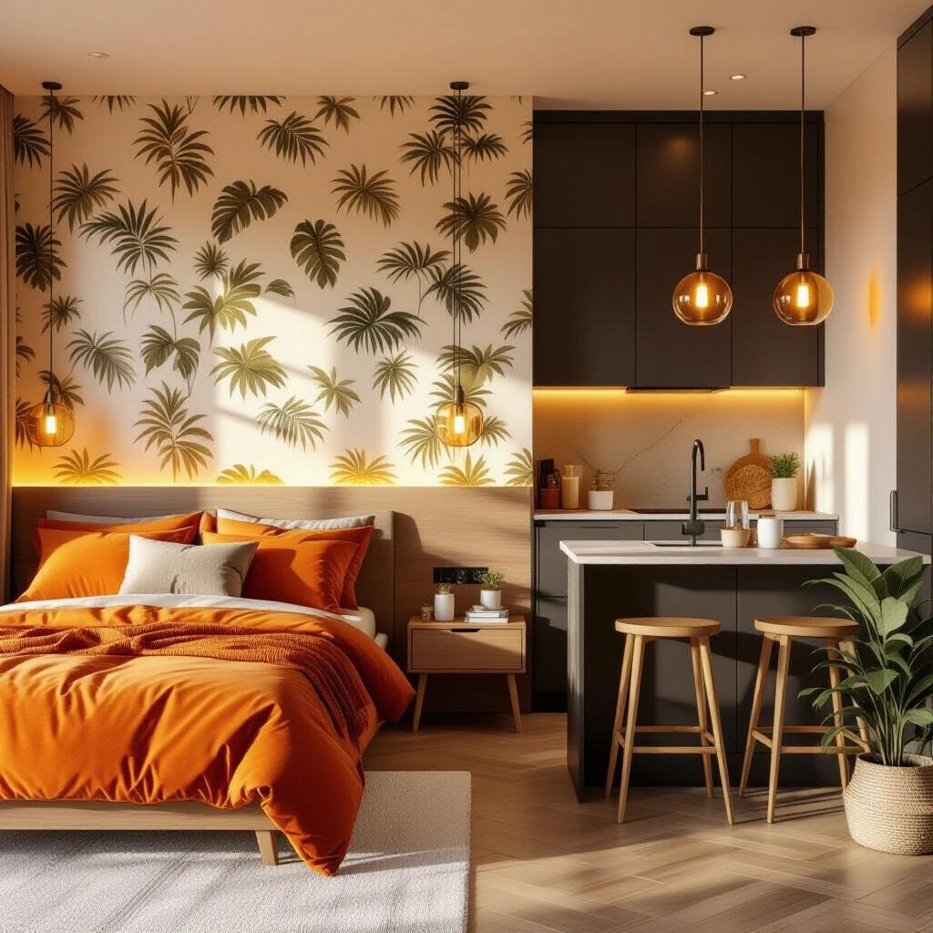 Interior of a compact studio apartment. Warm amber sunset light bathes the room. Color palette features deep burnt orange. A wooden-framed bed dressed with a burnt-orange blanket rests on the left side. The headboard wall has light-beige wallpaper adorned with palm-leaf prints. Two small wooden bedside tables with glowing lamps flank the bed. Center-right is a small modern kitchen with dark cabinetry and light countertops. Three amber-glass pendant lights hang over a narrow island fitted with backless wooden bar stools. A couple of potted plants sit on the counter. Opposite the bed is a rustic wooden dining table with four chairs. The table displays a ceramic vase with dried grass. Behind the dining area is an open doorway with a carved dark-wood door. A beige linen curtain hints at a window. The flooring consists of terracotta-colored tiles. The overall mood is relaxed and tranquil, blending modern and rustic elements with subtle tropical accents. Ultra-realistic style emphasizes comfort and enjoyment.
