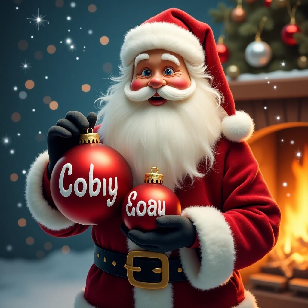 A jolly Father Christmas stands cheerfully, holding two large red baubles. One bauble has 'Coby' written on it, and the other displays 'Noah.' The baubles are accentuated by golden detailing, creating a warm festive atmosphere. Behind him, a cozy fireplace crackles with warmth, surrounded by twinkling fairy lights and a beautifully decorated Christmas tree. The scene is filled with falling snowflakes, enhancing the magical holiday vibe. He smiles joyfully, embodying the spirit of giving and festive cheer.