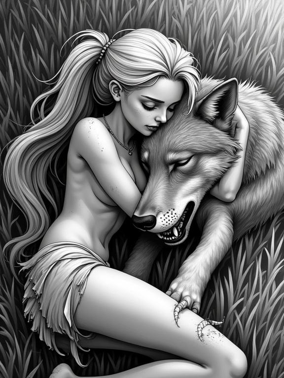 Comic book black and white artistic illustration realistic shadows view from above detailed young tired beautiful injured sad sweaty tribal huntress lies on bareback hugging a fearsome wolf after fight in embrace in meadow torn loincloth dirty sweaty skin shiny skin eyes closed