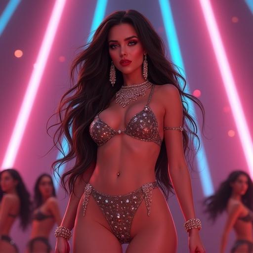 A beautiful woman on stage at a luxurious concert. She has long dark brown hair. She wears sheer popstar concert attire with a lot of rose gold jewelry. The background features backup dancers. The setting is vibrant with colorful lights. The scene evokes a modern Las Vegas atmosphere.