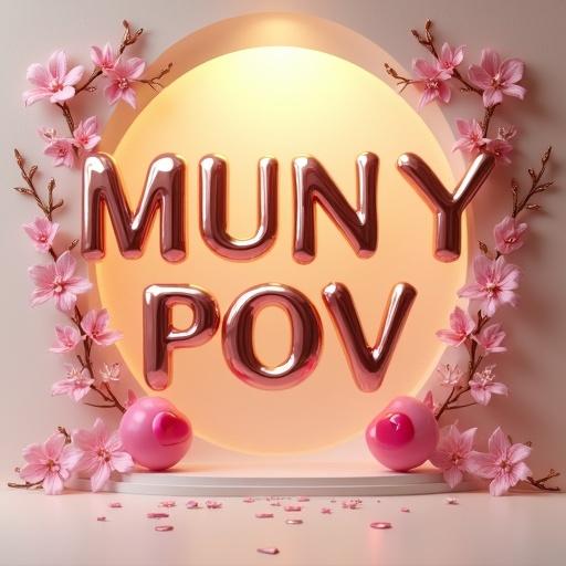 3D render with text 'MUNY POV' as centerpiece. Elegant font in rose gold and blush pink. Soft lighting and shadows show the metallic shine. Pink cherry blossoms frame the text. Vibrant pink hearts on sides. Scattered iridescent hearts below. Textured beige background with a warm glow behind the text.