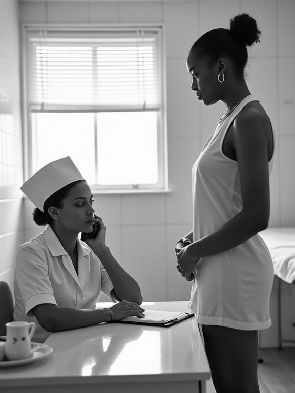 Black and white photograph of a nurse and a patient in a healthcare setting. Nurse in classic white uniform sits at a desk while holding a phone. Light-skinned woman in hospital gown stands confidently in front of nurse. Room has a clinical feel with soft lighting and a tidy desk. Emotional tension between the subjects is palpable.