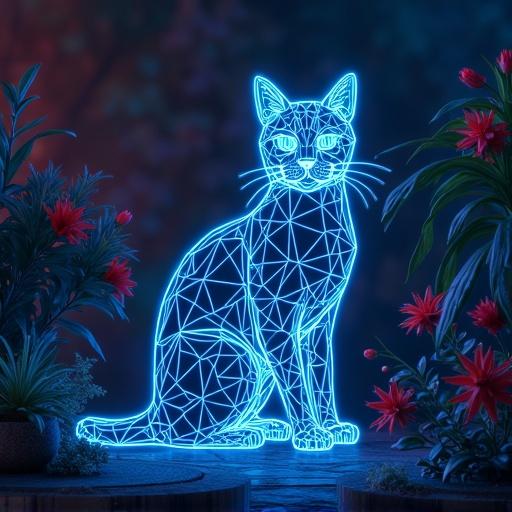 Wireframe cat design in a garden. Neon blue color scheme. Low poly style.