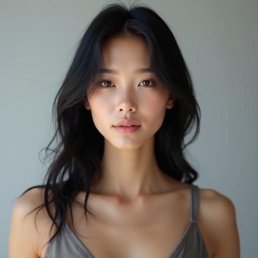 A 25-year-old woman with a well-proportioned bust beneath fitted clothing. Shoulder-length straight black hair with a subtle midnight blue shimmer. Calm expression with delicate facial features. Large almond-shaped eyes with long eyelashes. Flawless skin with a translucent glow. High-resolution semi-realistic style with ultra-detailed skin.