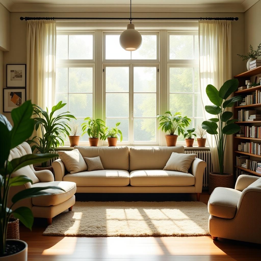 Cozy living room filled with natural light. Large windows filter sunshine through sheer curtains. Beige couch and armchair with pillows. Lush green plants placed throughout. Soft rug on wooden floor enhances the inviting atmosphere. Bookshelves filled with books and artworks.