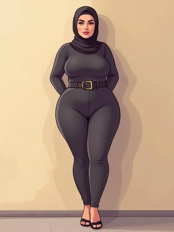 Illustration of a curvy woman in a bodysuit and hijab. Figure has wide hips and thick thighs. Woman stands confidently with back against the wall. Front view and looking at the viewer.