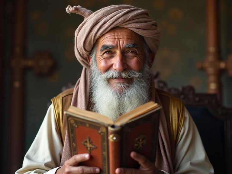 Cheerful old man from Arab culture. Holding an old book with a jewel. Looking at the camera. Wearing elegant clothes and a turban. Expression of wisdom and age.