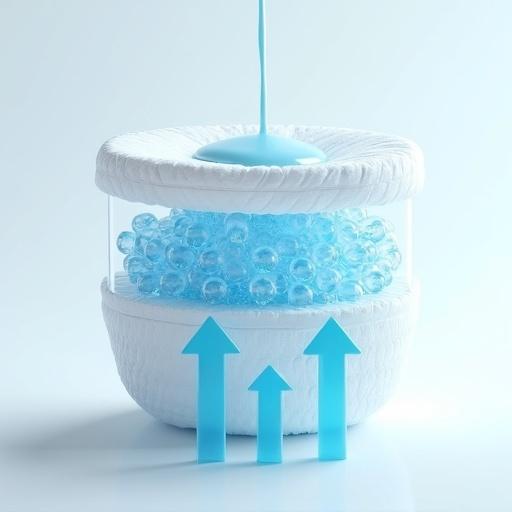 A detailed cross-section of a highly absorbent diaper. Liquid is poured onto the soft white top layer. Below, clusters of transparent blue gel beads are visible. The image captures the absorption process with rising blue arrows. The background is minimal, clean and sterile. Lighting is soft and diffused, highlighting textures.