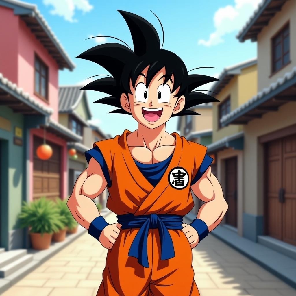 A depiction of Goku from Dragon Ball in an orange gi. He smiles widely, exuding joy and energy. The background shows a colorful street with traditional buildings. Goku's distinctive spiky black hair stands out, enhancing his character traits.