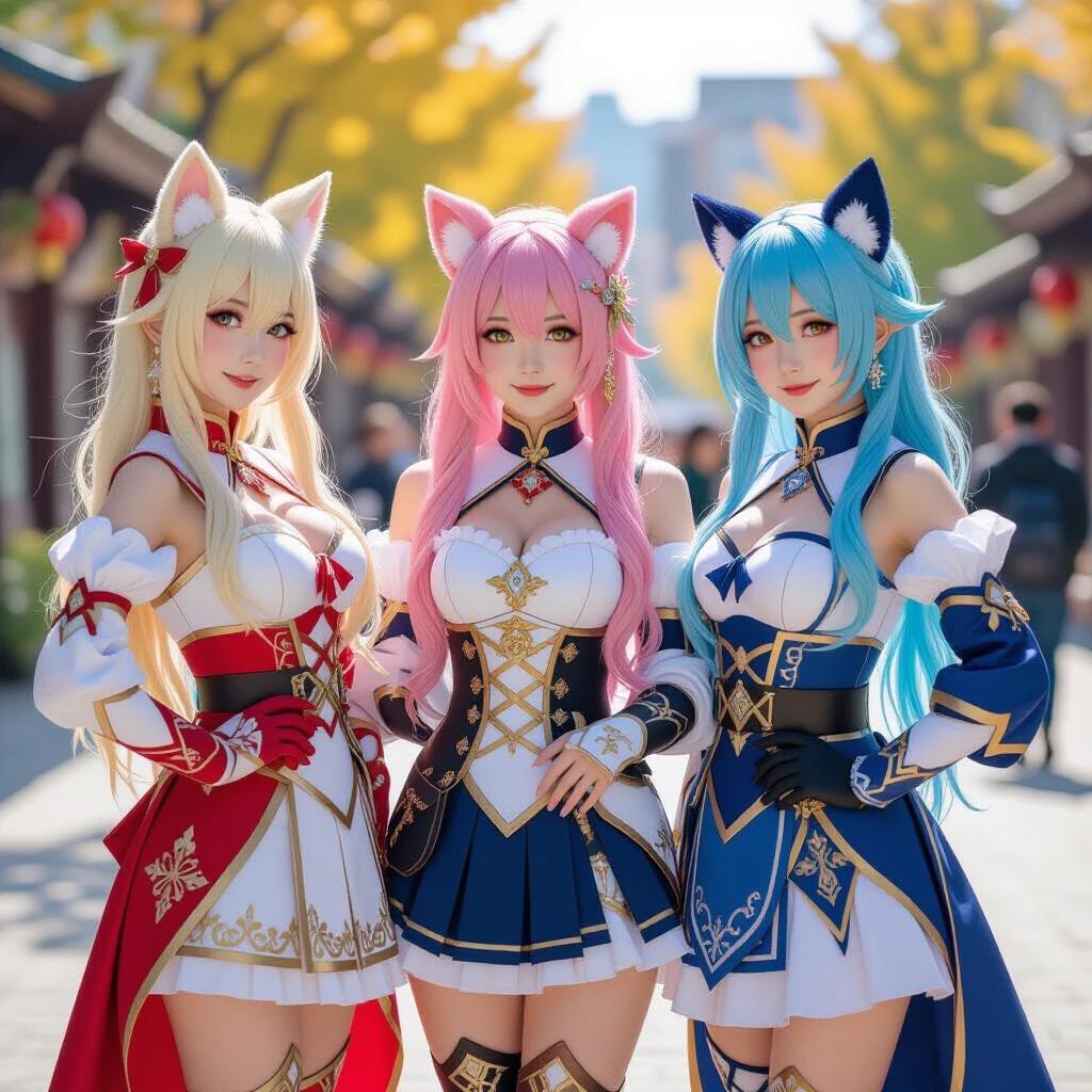 Three cosplaying individuals display costumes inspired by Genshin Impact. They wear detailed outfits featuring character designs with vibrant colors. The background includes trees with autumn foliage.