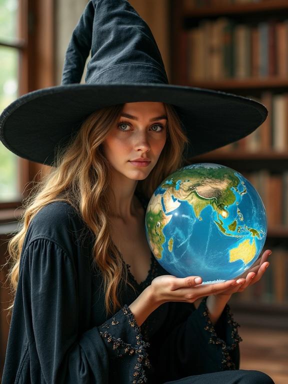 A wise witch with a twinkle in her eye holds the Earth as if it is a crystal ball. She sits in a grand library surrounded by books. Natural light streams through tall windows.