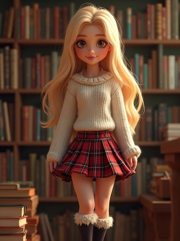Pixar style character in a library. Blonde woman with long hair. Wears a white sweater and plaid skirt. Holds a cute expression. Dynamic lighting enhances features. Frilly socks complete the outfit.