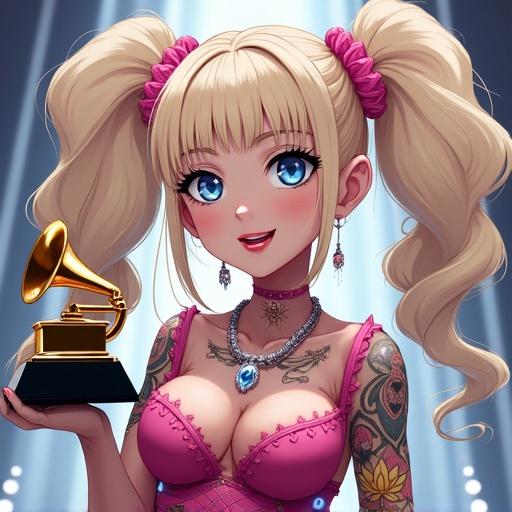 Anime character representing a modern music award winner. Female with large pigtails and blue eyes. Wearing a feathered dress. Holding a Grammy trophy. Standing on a stylish music awards stage. Features include piercings and tattoos.