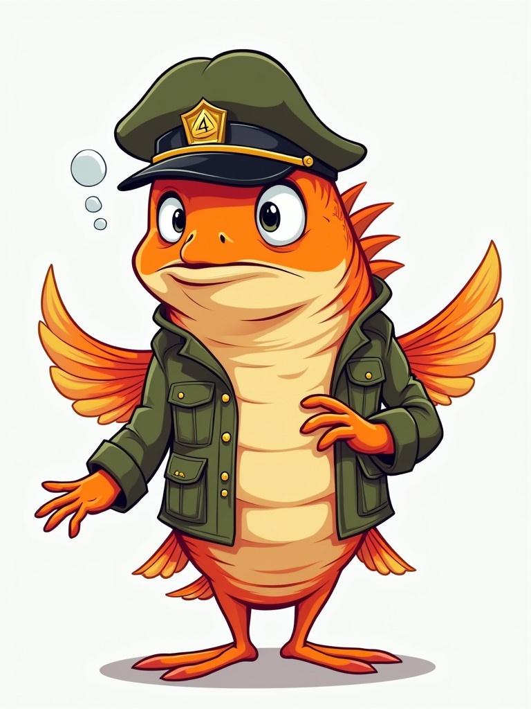 Different angles showcase a colorful cartoon fish wearing an army uniform. The fish appears serious, capturing attention and expressing character. Four varieties of poses highlighting features and details. Visual representation emphasizes playful military theme.