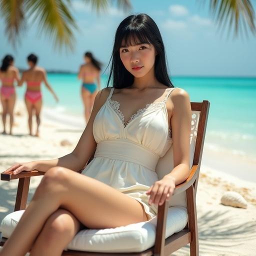A young Asian woman reclines on a wooden beach chair by the sea. She has porcelain skin and brown eyes. Her lightweight blouse and high-waisted shorts emphasize her curves. The scene is bright with turquoise water and palm trees. Other women in colorful swimsuits are in the background. The atmosphere is relaxed and elegant.