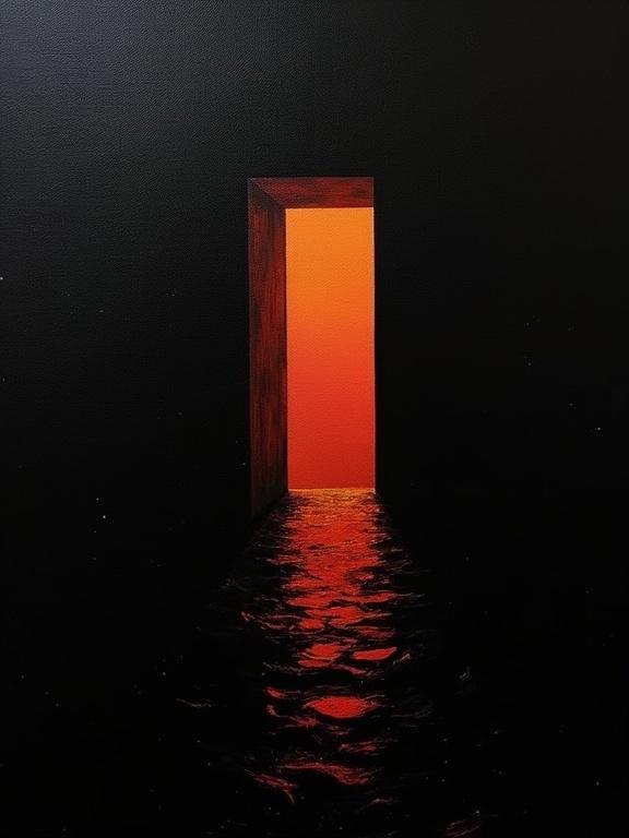 An abstract digital oil painting features a glowing doorway against a black background. Harsh paint strokes create a sense of depth. Minimalist style emphasizes the contrasts of color and shape. The composition includes elements that resemble film negatives. Shadows mimic cubist edges, leading towards the illuminated door. The artwork hints at biological corrosion along the edges.