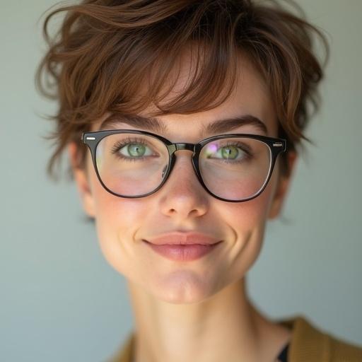A stunning woman designed as a virtual AI influencer. She has light green eyes and a soft gaze. Skin is porcelain to light peach-toned with a subtle natural blush. Tousled light brown pixie cut. Wearing small glasses. Expression is calm, confident, and happy with a subtle smile. Look is casual, minimalistic, and influencer-ready. Clean or softly blurred background. Focus on realistic skin texture and facial symmetry.