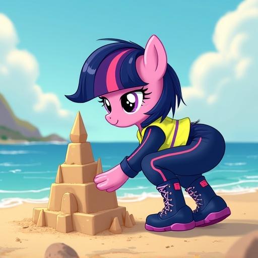 Twilight at the beach building a sandcastle. Character is a pony with navy-blue hair featuring pink and purple stripes. She's wearing a hi-visibility vest, track top and pants, and knee-high hiking boots with pink laces.