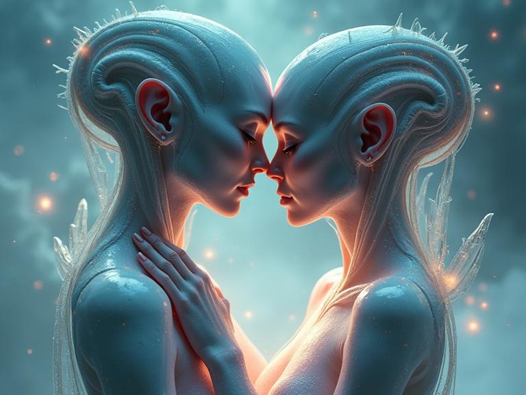 Close-up portrait showcasing an alien humanoid and a human cyberpunk soldier embracing in an ethereal landscape. Alien features are radiant with shimmering skin and cosmic eyes. Cyberpunk soldier in sleek armor integrated with light. Soft glowing environment with crystalline structures and gentle mist.