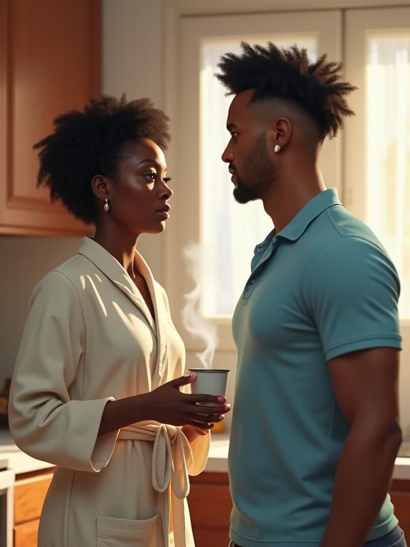 28-year-old African woman with short natural hair and expressive eyes. Wearing a morning robe. Confronting a 35-year-old African man with low-cut hair in a sky blue shirt and jean shorts. In a kitchen. Coffee steam rising between them. Soft lighting and vibrant colors.