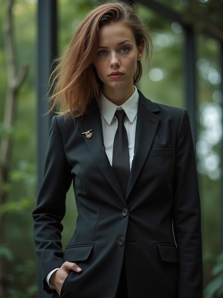 A girl inspired by Newt from Aliens is wearing a formal business suit. She stands confidently in a natural setting. The suit is sleek and modern. The scene has a calming green background with soft natural light.