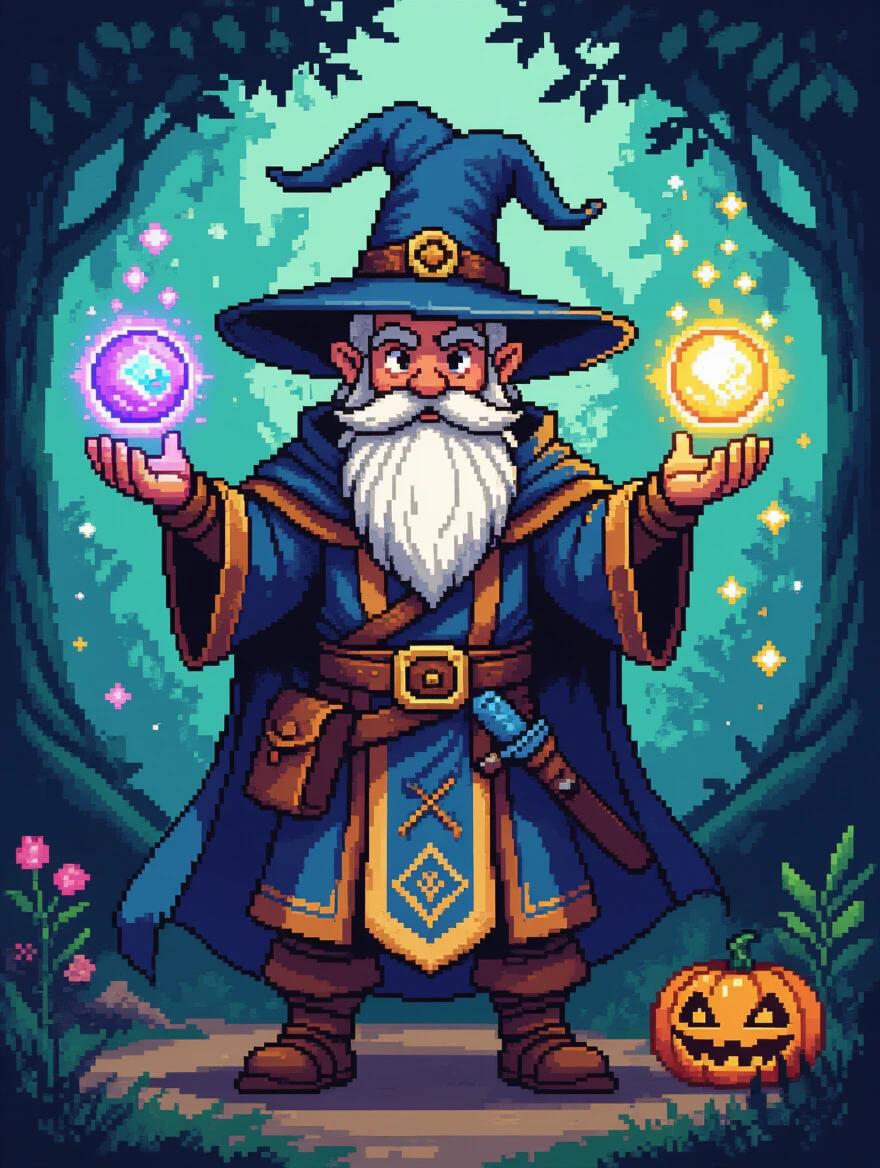 Full-body pixel art of a rune wizard holding elemental spheres. The wizard wears half armor and stands in a magical forest. He has a long beard and a pointed hat. An orange pumpkin is near the wizard's foot.