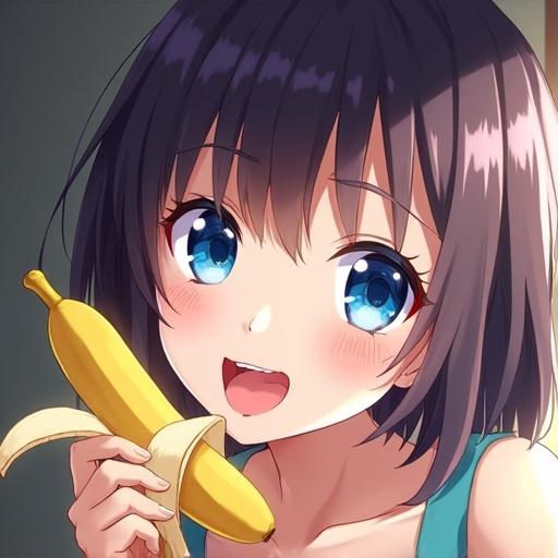 Vivid anime girl portrait. Striking blue eyes in soft warm light. Glossy lips and playful expression. Subject holds a peeled banana and sticks out tongue. Features a traditional Japanese-style room with open fashion elements.