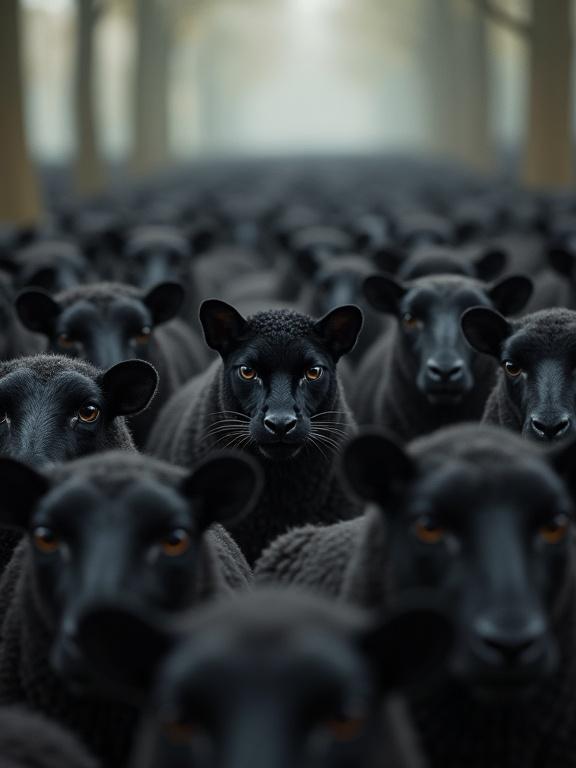 A black panther camouflaged among a crowd of black sheep. The environment is a forest with soft, filtered light through the trees. The sheep are closely packed, creating a mysterious scene.